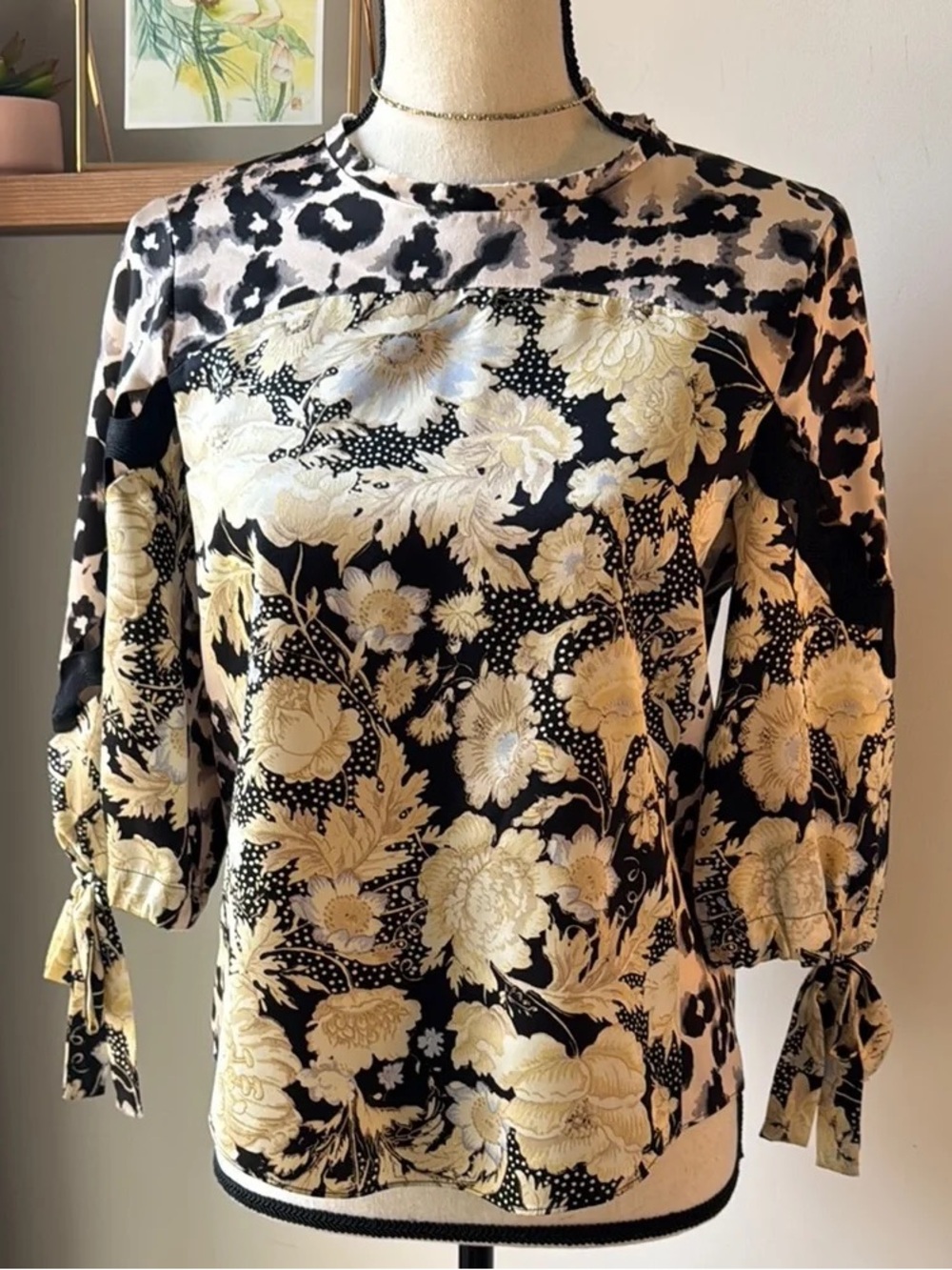 Rebecca Taylor Silk Black and Cream Floral Tie-Sleeve Blouse